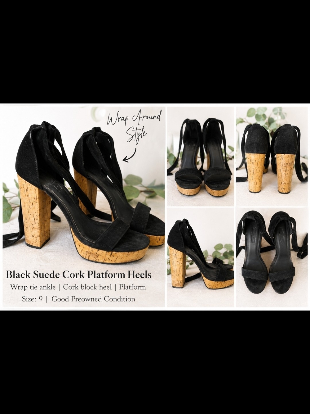 JustFab Black Suede Cork Platform Sandals with Wrap Tie